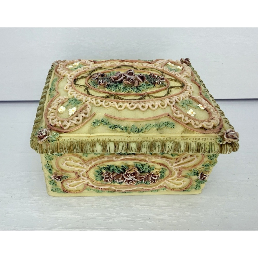 Vintage Dezine Hand Painted Floral Rose Trinket Box Resin Jewelry Keepsake 1997